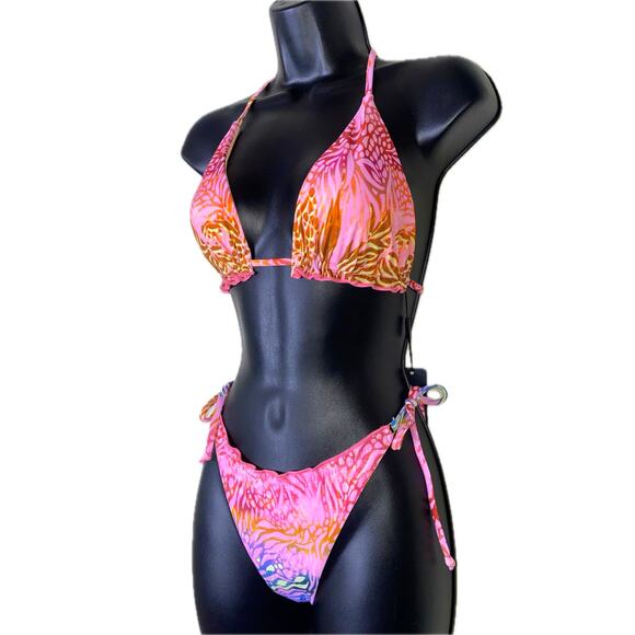 New Small Fashion Nova Pink Animal Print Bikini Swim Beach Side Tie Triangle - Picture 1 of 5